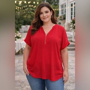 Maurices Red Chiffon Blouse XXL Zip Neck Flowy Short Sleeve Top Plus Size